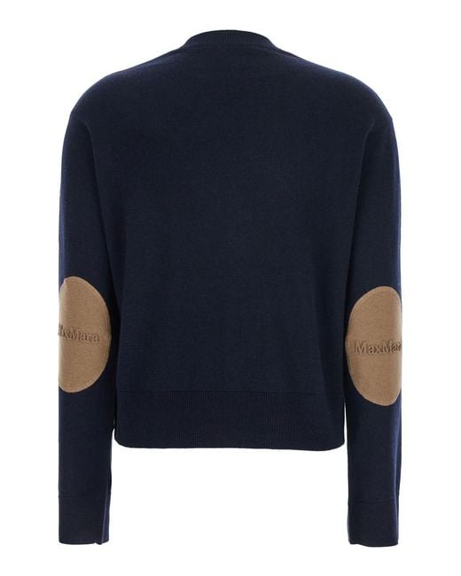 Max Mara Blue Crewneck Sweater With Logo Patch Wool Tops