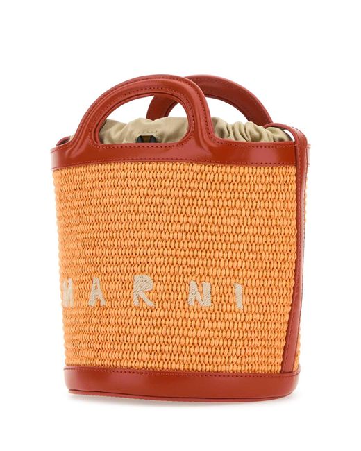 Marni Orange Two-Tone Leather And Raffia Tropicalia Bucket Bag