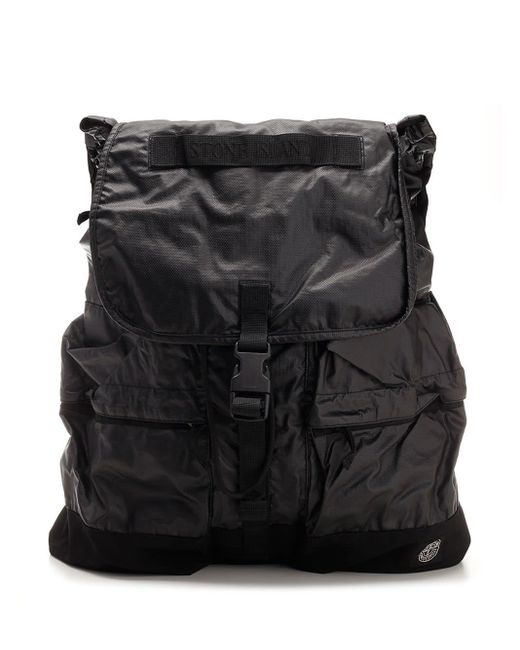 Stone Island Black Muslin Rubberized Canvas Backpack for men