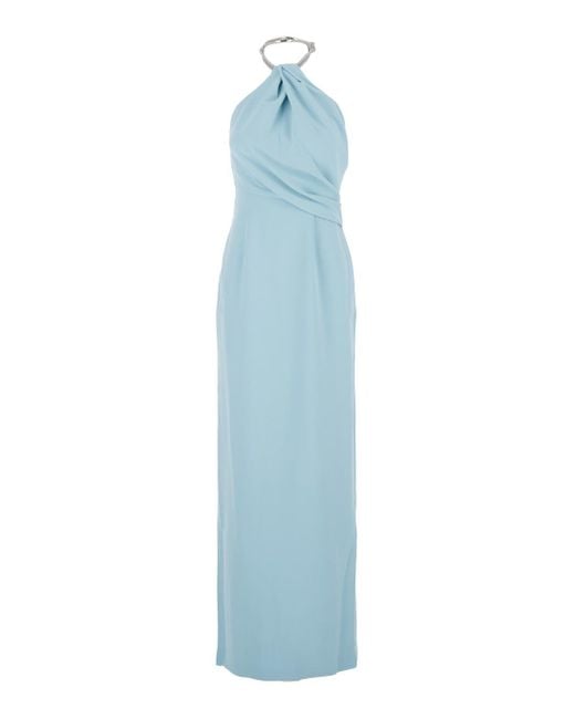 Solace London Blue 'Riva' Light Long Dress With Rhinestone-Embellished Neckline And Drape Details