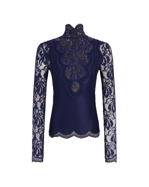 Rabanne Blue High-Collar Deep Lace And Stretch Jersey Long-Sleeved Top