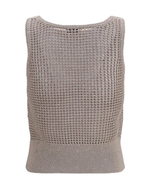 Brunello Cucinelli Gray Perforated Sequin Tank Top Cotton; Polyester