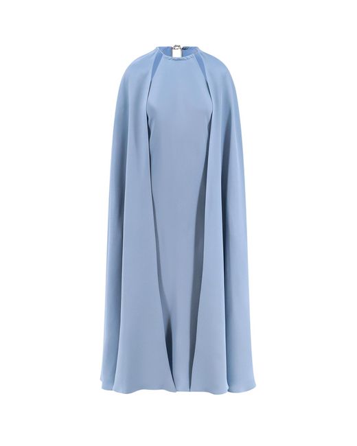 Max Mara Blue Managua Silk Long Dress With Silk Cape And Metal Detail