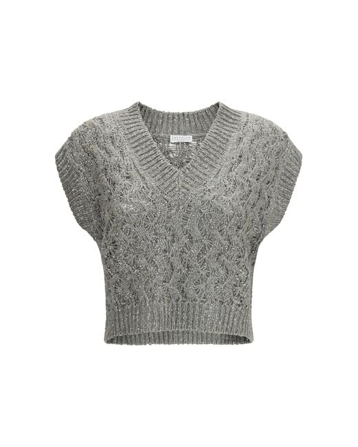 Brunello Cucinelli Gray Silk Blend Sequined Vest Knitwear