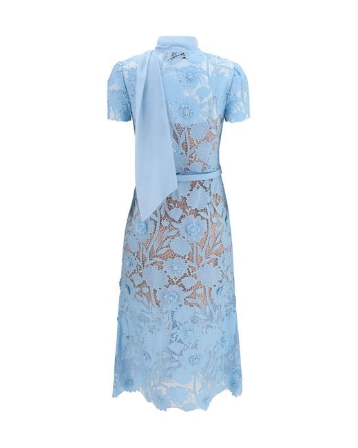 Self-Portrait Blue Midi Lace Dress With Bow Collar