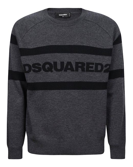 DSquared² Gray Logo Intarsia Crewneck Knitted Sweater for men