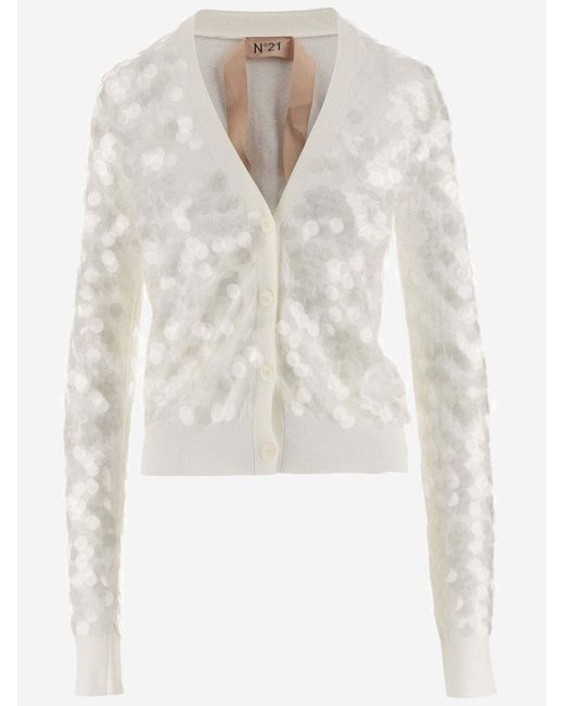 N°21 White Sequined Cotton Cardigan