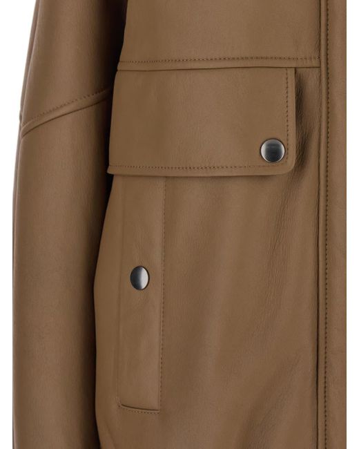 Blancha Brown Bomber Jacket With Fur Collar And Patch Pockets