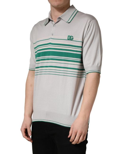Dolce & Gabbana Gray Green Striped Logo Silk Polo T for men