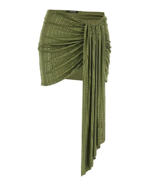 VENUJA Green Mini Skirt With Draping On The Front And All-Over Strass