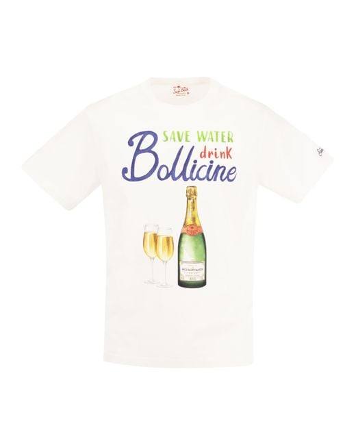 Mc2 Saint Barth White Cotton T-Shirt With Drink Bollicine Print for men
