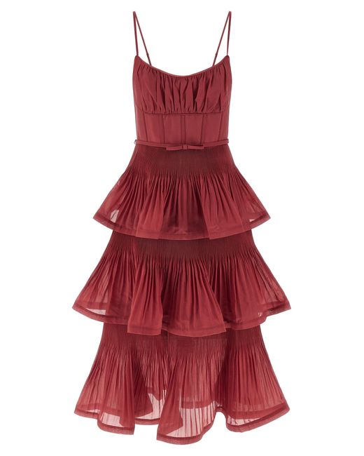 zimmermann tiered pliss-taffeta midi dress Zimmermann Tiered pliss-taffeta midi dress for Sale For sale: Zimmerman Tiered midi dress altered to be tznius. Sleeves are lined, and neck has been closed. Brand: Zimmermann Color: PINK Size: Womens 6(38)