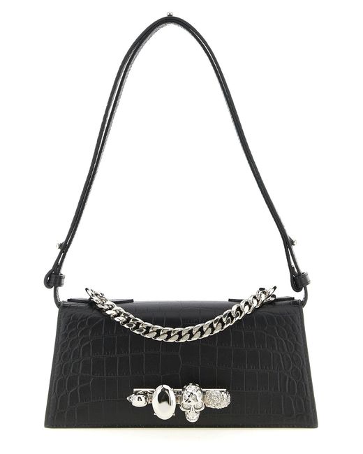 McQueen Black Crocodile-Embossed Jewelled Shoulder Bag