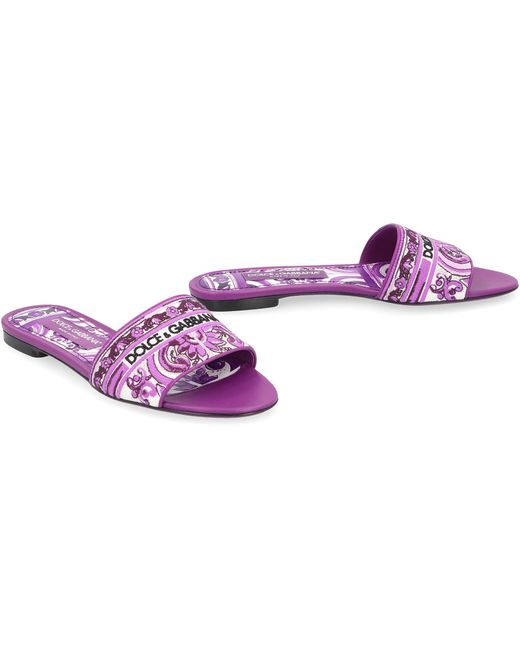 Dolce & Gabbana Purple Round-Toe Leather And Fabric Slides Cotton; Lamb; Goatskin; Lamb Sandal