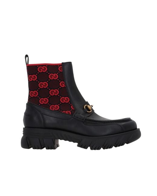 Gucci Black Leather Ankle Boots With Horsebit And GG Jersey for men
