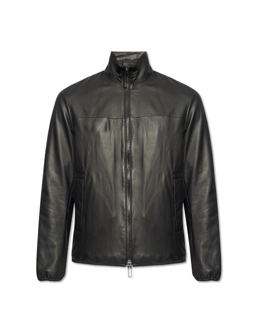 Emporio Armani Black Leather Jacket With Stand-Up Collar for men