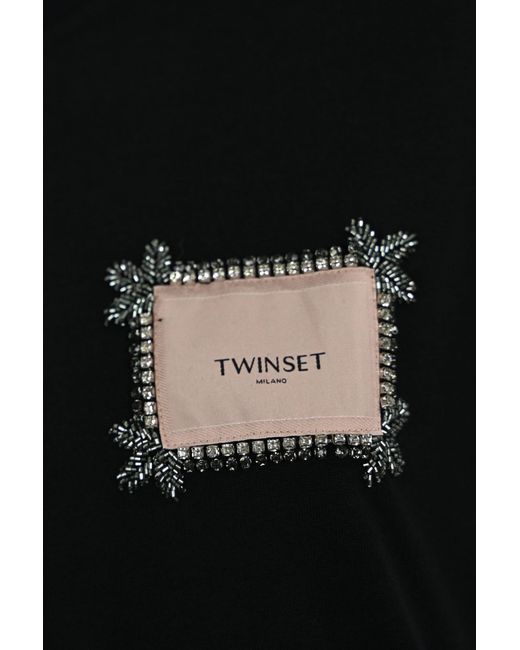 Twin Set Black T-Shirt With Label And Rhinestones