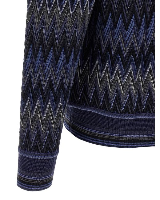 Missoni Blue Zigzag Pattern Wool Sweater With Crew Neck for men