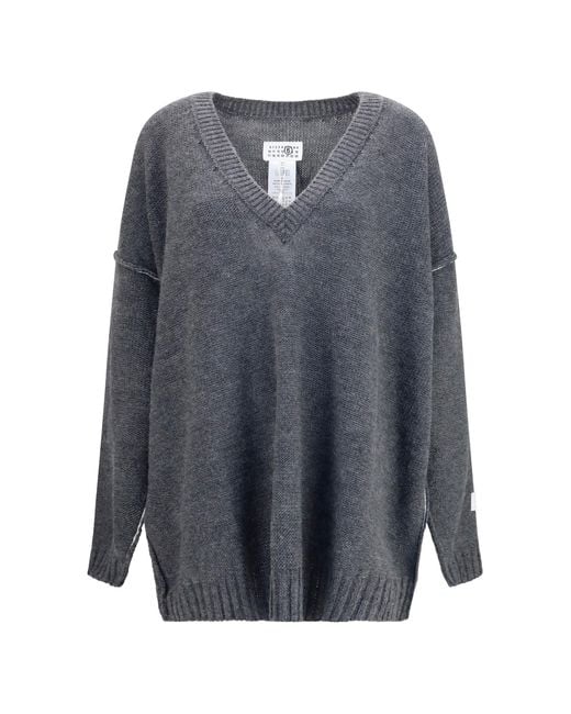 MM6 by Maison Margiela Gray Oversized V-Neck Sweater
