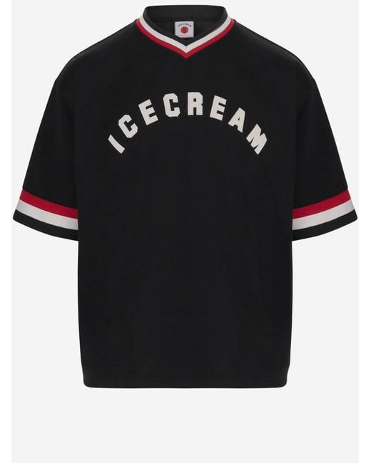 ICECREAM Black Nylon T-Shirt With Logo And Striped Hem Polyester T-Shirts for men