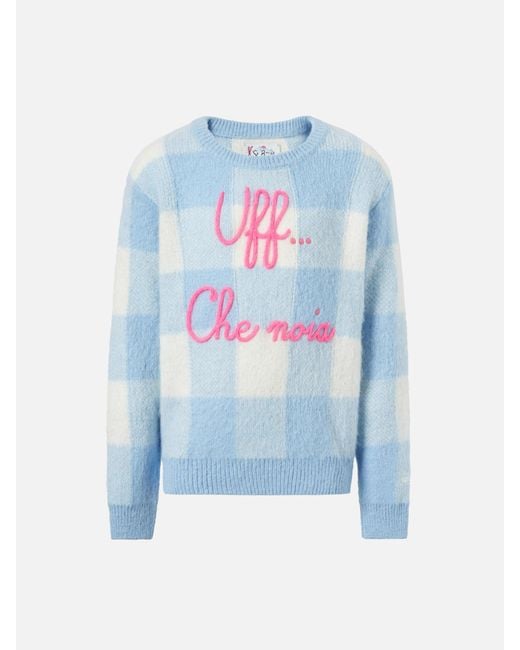 Mc2 Saint Barth Blue Crewneck Sweater With Check Jacquard And Uff… Che Noi Embroidery Sky