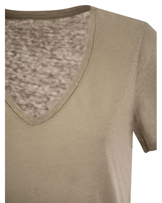 Majestic Filatures Natural Linen V-Neck T-Shirt With Short Sleeves