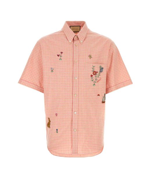Gucci Pink Embroidered Cotton Shirt for men