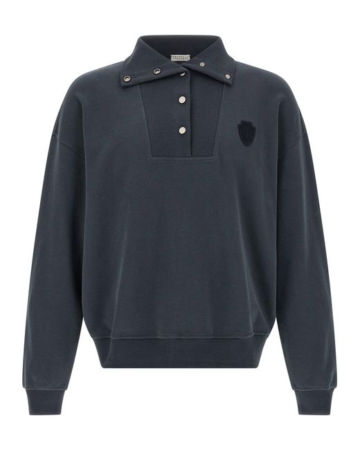 Brunello Cucinelli Blue Polo-Collar Cotton Sweatshirt