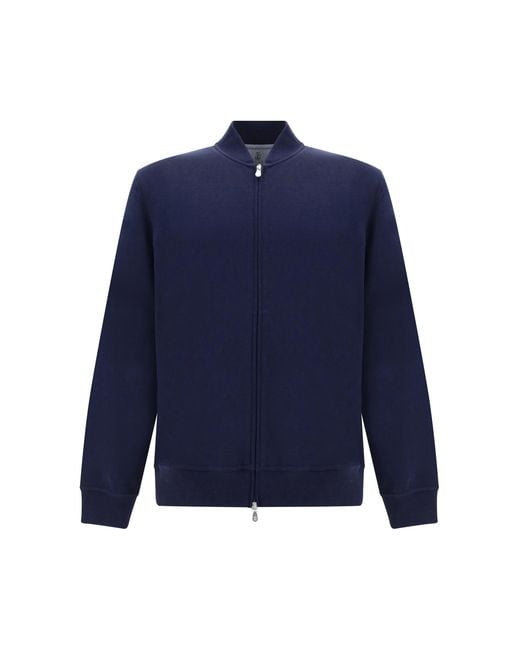Brunello Cucinelli Blue Cotton Zip Sweatshirt for men