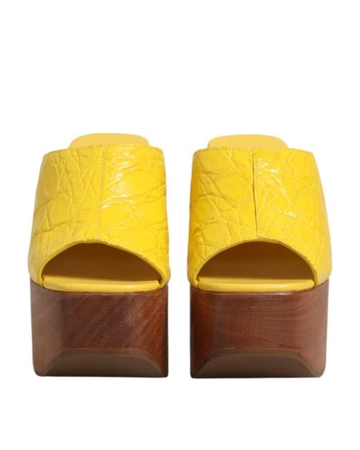 Dolce & Gabbana Yellow Leather Wood Mule Wedge Slides Shoes 100Iman