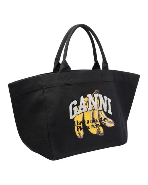 Ganni Black Xxl Banana Print Logo Shopper Bag