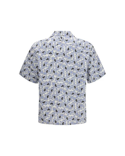 Prada Blue Shirt With Floral Print Ivory-Light Ivory/Light Cotton for men