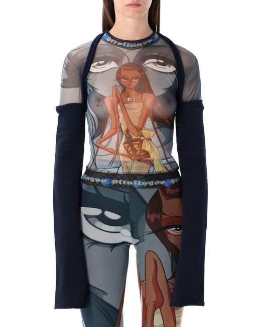 OTTOLINGER Blue Julien Ceccaldi Printed Mesh Top With Sleeves