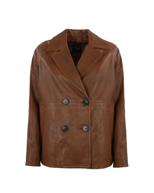 Weekend by Maxmara Brown Oria Double-Breasted Leather Peacoat