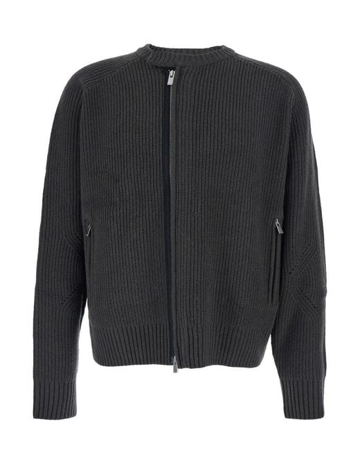 TONYWACK Black Crew Neck Cardigan With Ribbed Design for men
