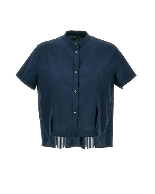 Fay Blue Cotton Shirt With Mandarin Collar