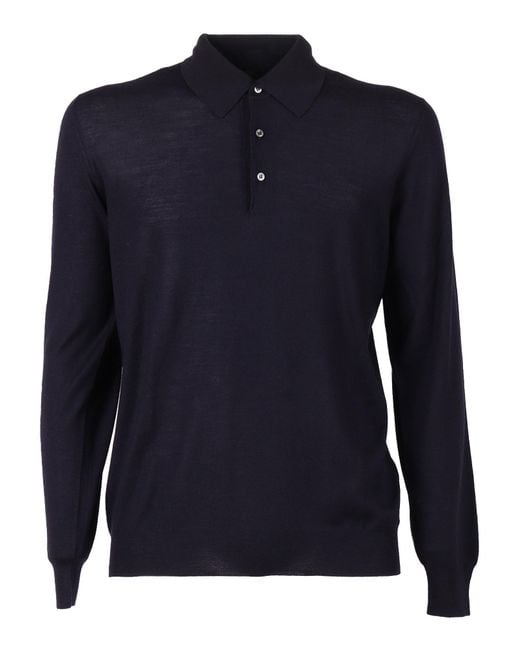 Fedeli Blue Polo-Shirt L-S Knitted Sweater Virgin Wool for men