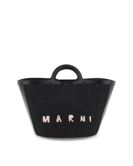 Marni Black Tropicalia Leather And Raffia Tote Bag