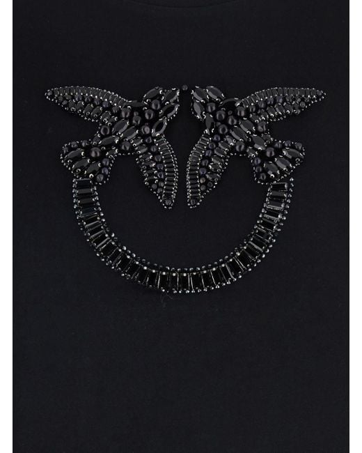 Pinko Black Crewneck T-Shirt With Love Birds Logo With Beads On Front