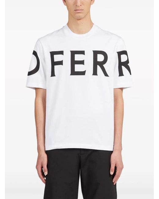 Ferragamo White Cotton T-Shirt With All-Over Logo Print for men
