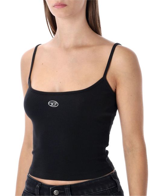 DIESEL Black Ribbed Stretch Cotton Top With Metallic Oval D Logo
