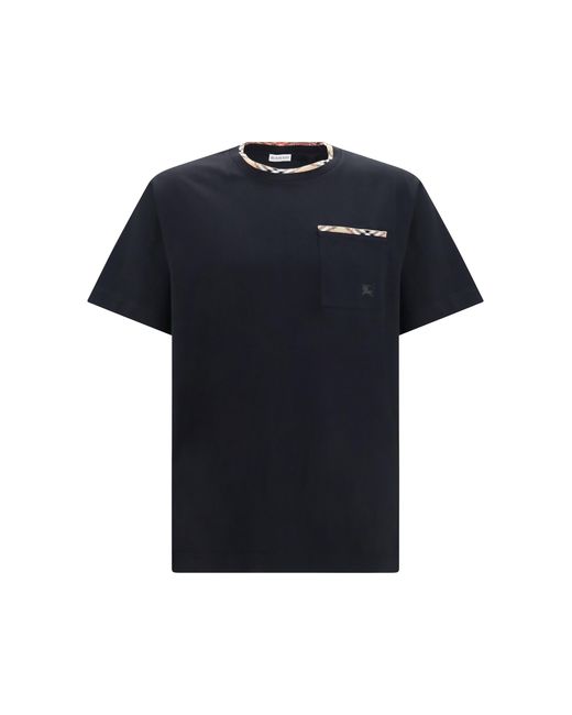 Burberry Black Cotton T-Shirt With Check Trims T-Shirts for men