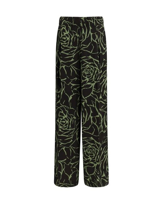 Dries Van Noten Green Wide-Leg Pants Viscose Trousers