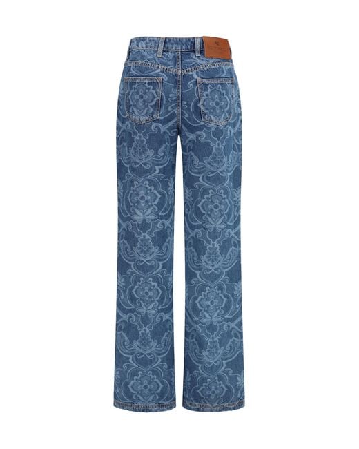 Etro Blue Ornamental Jacquard Denim Jeans Cotton