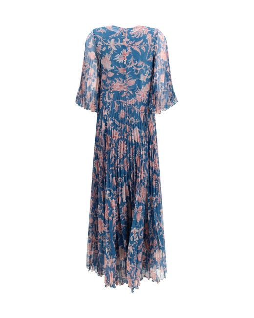 Etro Blue Maxi Pleated Dress With Flared Sleeves Polyester