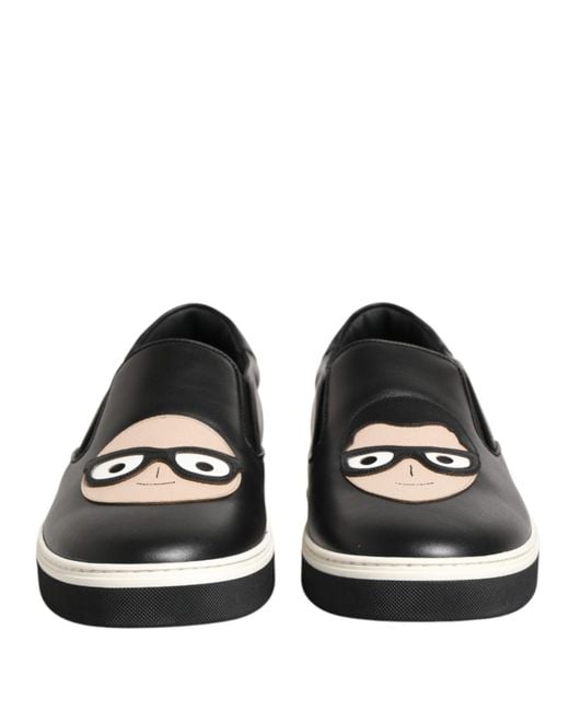 Dolce & Gabbana Black Leather Signature Figures Sneakers Shoes for men