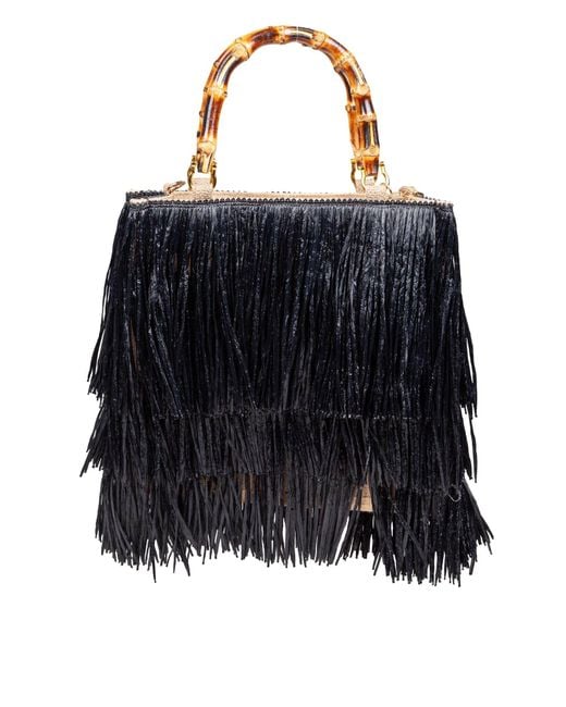 La Milanesa Black Medium Tan Raffia Shopping Bag With Fringes
