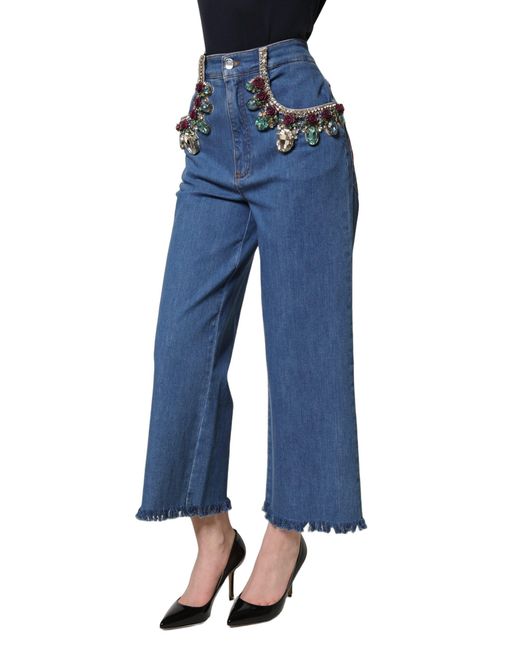 Dolce & Gabbana Blue Embellished Wide Cropped Denim Jeans Cotton Elastane Clothing
