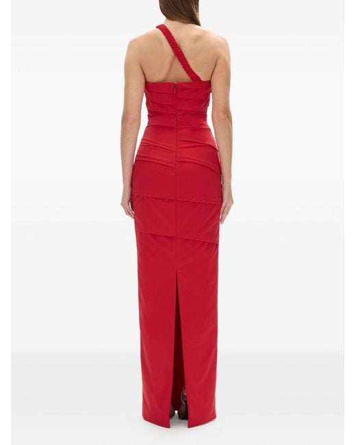 Rachel Gilbert Freda Stretch Paper Taffeta Long One-Shoulder Dress With Curved U-Shaped Bust Line