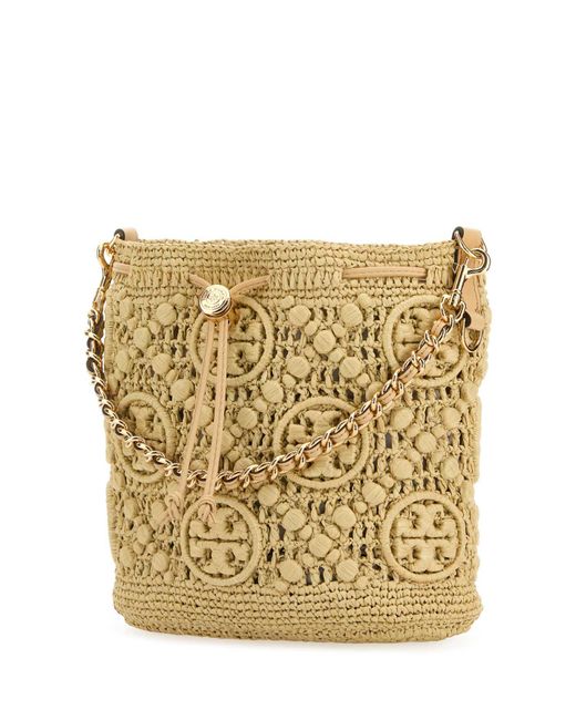 Tory Burch Metallic Raffia T Monogram Bucket Bag